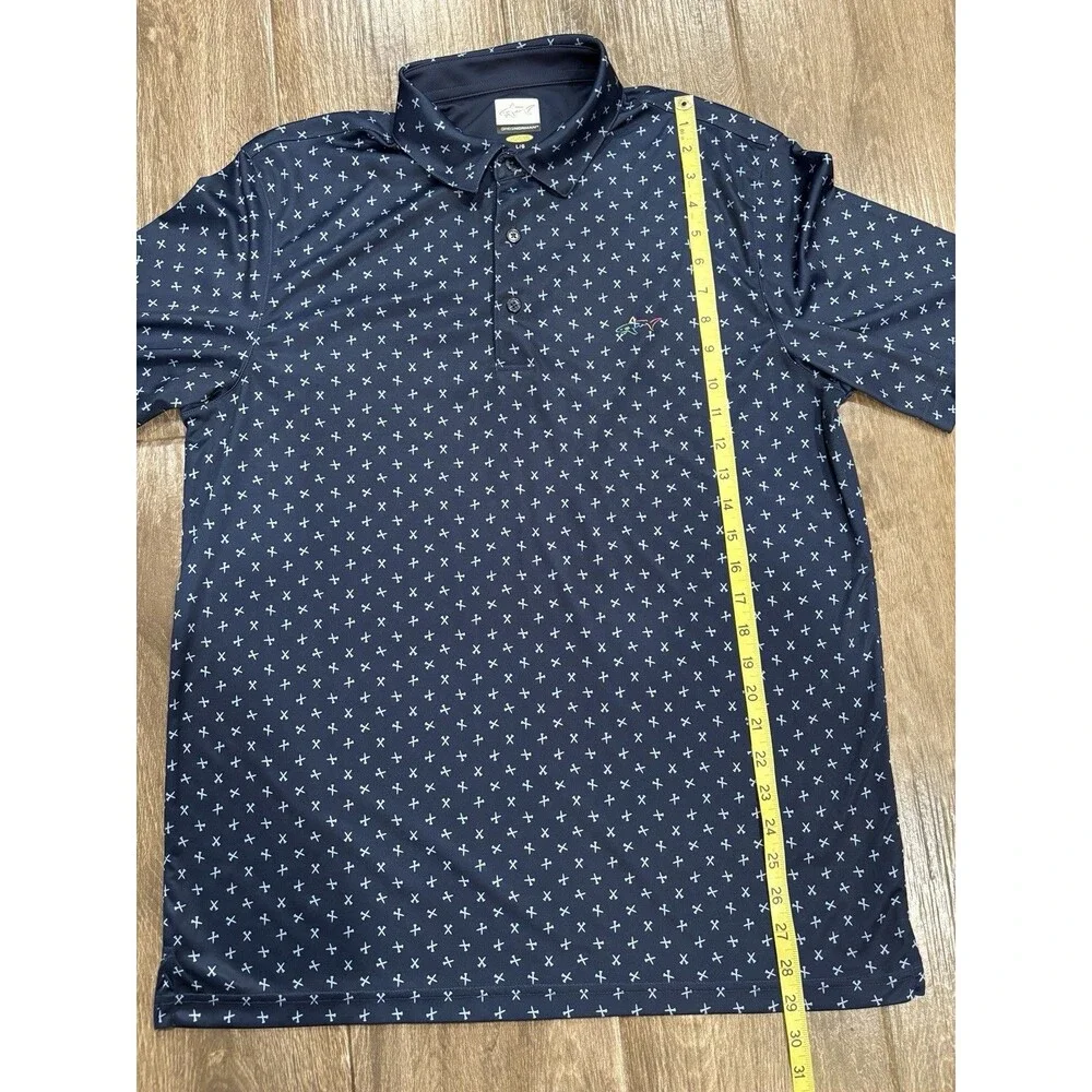 Greg‎ Norman Mens Size L Play Dry Golf Polo With Golf Tee Motif Navy Blue EUC